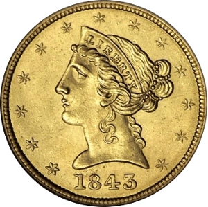 1843 $5 Gold Half Eagle SS New York Obverse