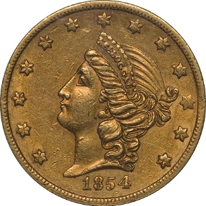 1854 $20 Kellogg Gold Double Eagle Obverse