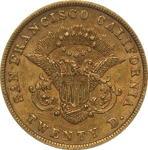 1854 $20 Kellogg Gold Double Eagle Reverse