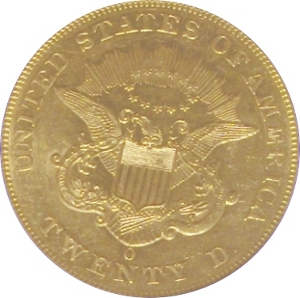 1859-O Gold $20 Double Eagle No Clash Marks Reverse