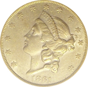 1861-S Paquet Gold $20 Double Eagle Obverse