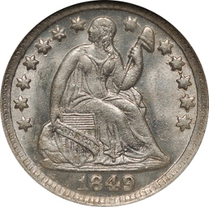 1849-O 5¢ Seated Liberty Half Dime Obverse