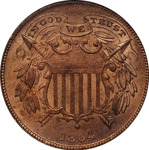 1864 Two Cent Small Motto Obverse