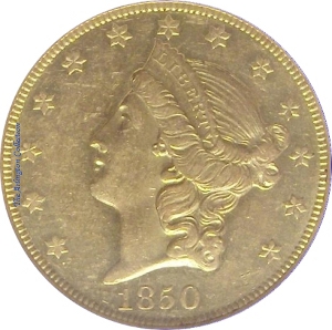 1850-O Gold $20 Double Eagle SS Republic Obverse