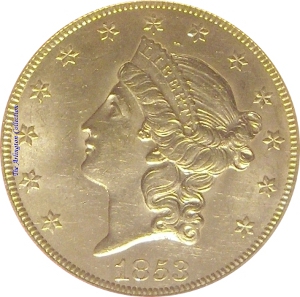 1853 Gold $20 Double Eagle SS Republic Obverse