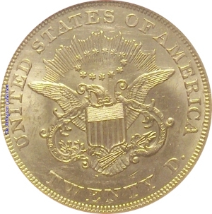 1853 Gold $20 Double Eagle SS Republic Reverse