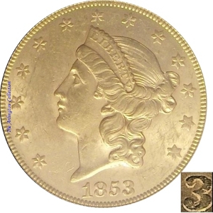 1853/2 Gold $20 Double Eagle Obverse
