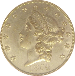 1854 Gold $20 Double Eagle Large Date Obverse