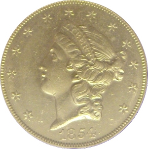 1854-S Gold $20 Double Eagle SS Republic Obverse