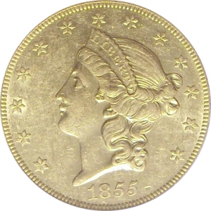 1855-O Gold $20 Double Eagle SS Republic Obverse