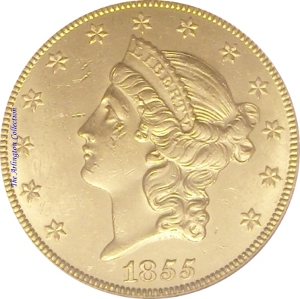 1855-S Gold $20 Double Eagle SS Republic Obverse