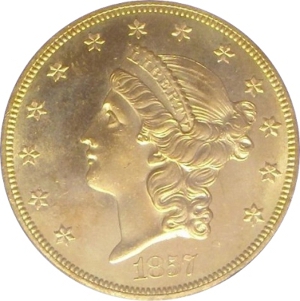 1857-S Gold $20 Double Eagle SS Central America Obverse
