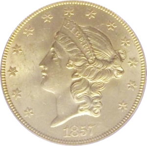 1857 Gold $20 Double Eagle SS Republic Obverse