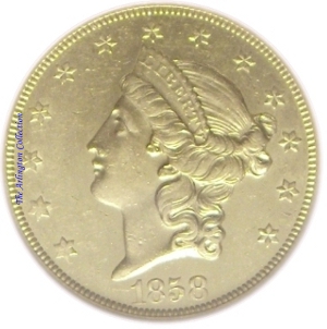 1858-O Gold $20 Double Eagle SS Republic Obverse
