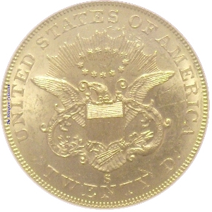 1858-S Gold $20 Double Eagle SS Republic Reverse