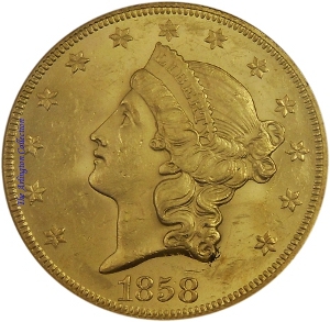1858 Gold $20 Double Eagle SS Republic Obverse