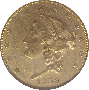1859 Gold $20 Double Eagle Obverse