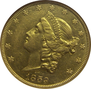 1859-O Gold $20 Double Eagle Clashed Obverse
