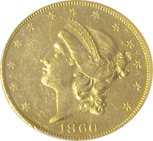 1860-O Gold $20 Double Eagle SS Republic Obverse