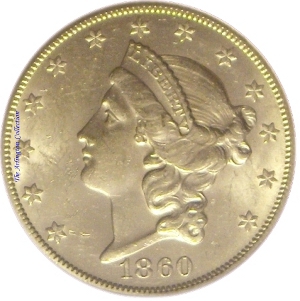 1860-S Gold $20 Double Eagle SS Republic Obverse