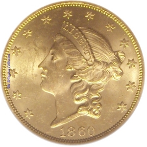 1860 Gold $20 Double Eagle SS Republic Obverse