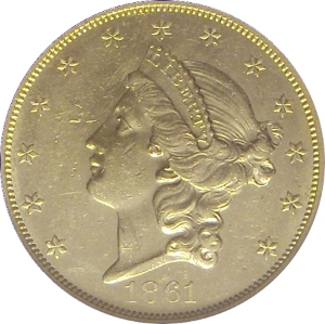 1861-O Gold $20 Double Eagle SS Republic Obverse