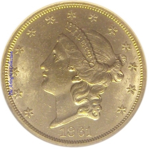 1861-S Gold $20 Double Eagle SS Republic Obverse
