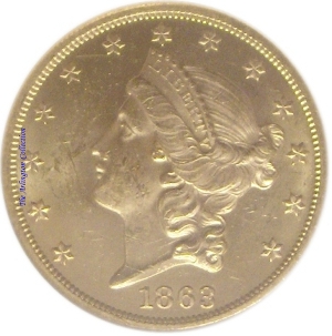 1863 Gold $20 Double Eagle SS Republic Obverse