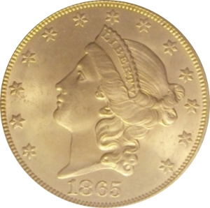 1865-S Gold $20 Double Eagle SS Brother Jonathan Obverse
