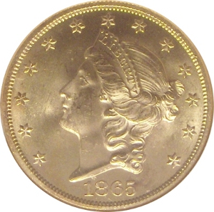 1865 Gold $20 Double Eagle SS Republic Obverse