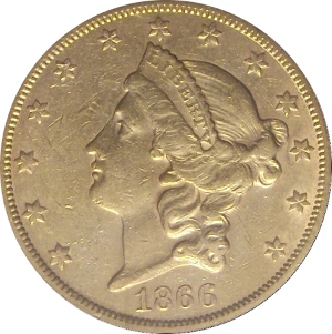 1866-S No Motto $20 Double Eagle Obverse